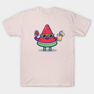 Cute Watermelon Holding Ice Cream And Orange Juice T-Shirt